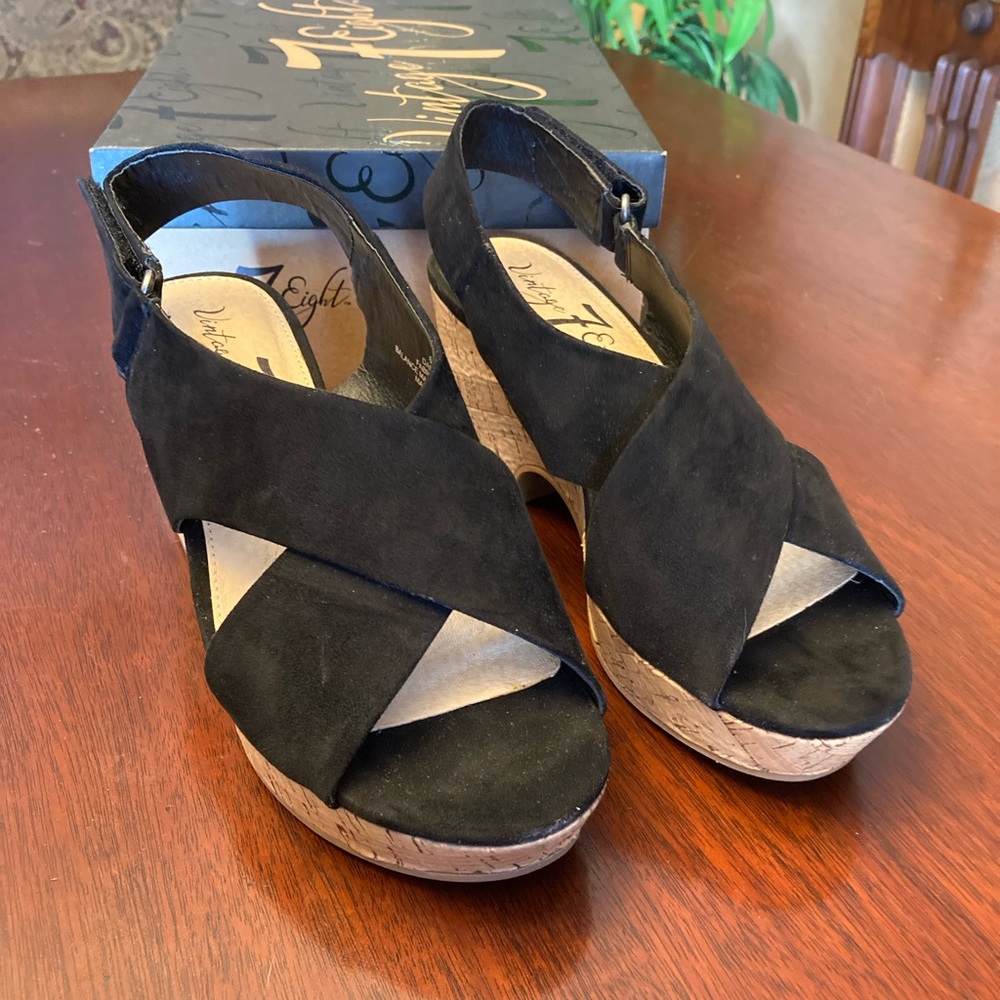 - Vintage 7 Eight Danielle Black suede, 3” cork heels with Velcro strap si…